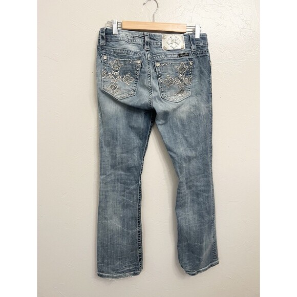 Miss Me Mid Rise Easy Boot Sz 29 Jeans 29x31 Medium Cross Bling Thick Stitch - Picture 4 of 9